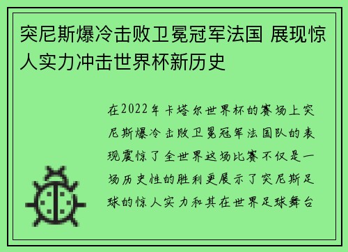 突尼斯爆冷击败卫冕冠军法国 展现惊人实力冲击世界杯新历史