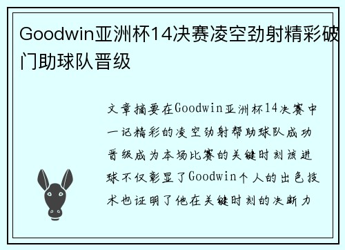 Goodwin亚洲杯14决赛凌空劲射精彩破门助球队晋级